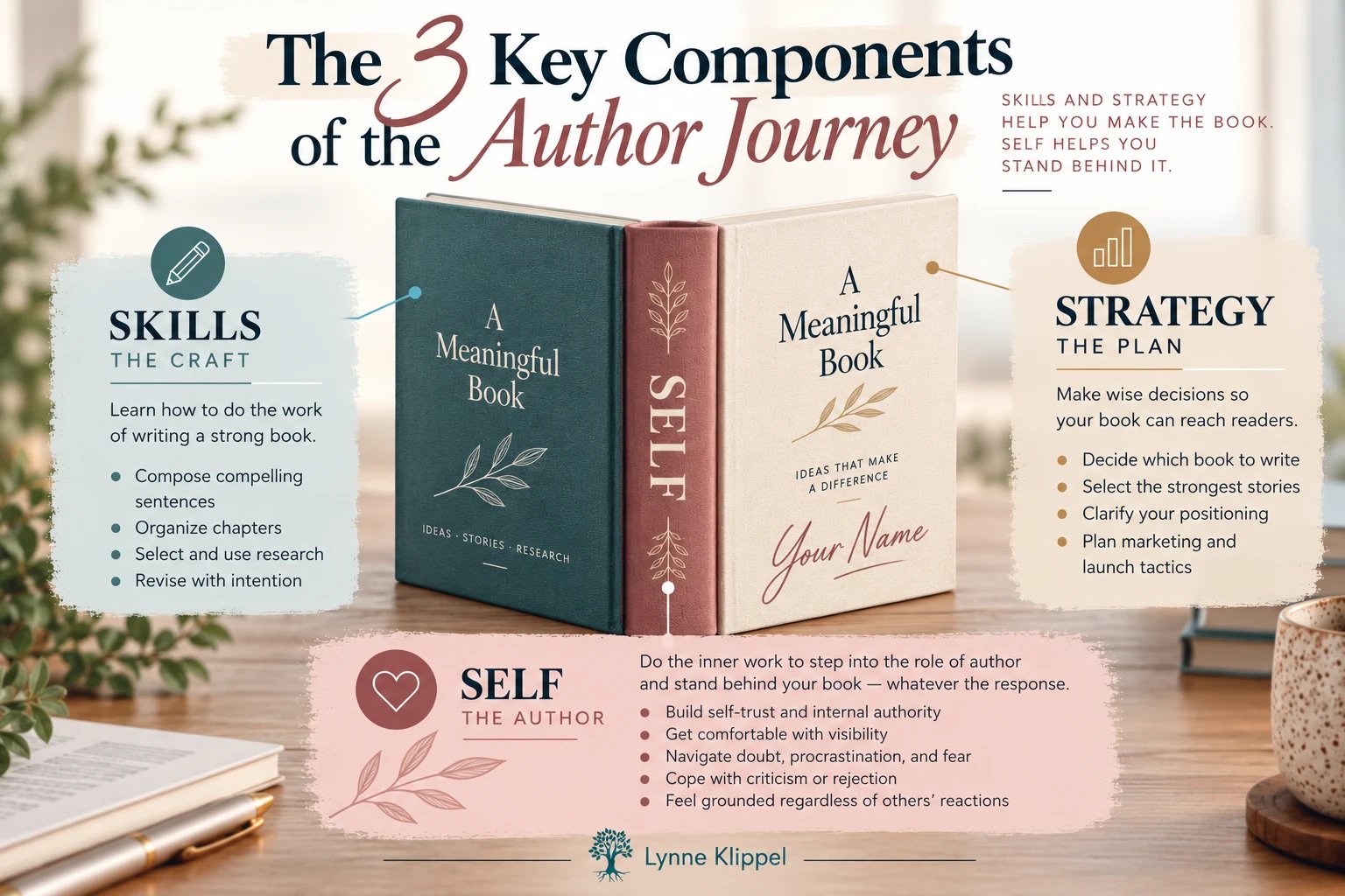 Infographic titled The 3 Key Components of the Author Journey. A book stands open on a desk. The teal front cover is labeled Skills, the craft. The cream back cover is labeled Strategy, the plan. The coral spine is labeled Self, the author. The full text of each part appears below.